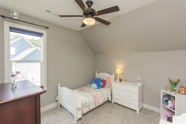 6575 Windmill Dr, College Grove, TN 37046 - bedroom featuring vaulted ceiling, light colored carpet, baseboards, and ceiling fan
