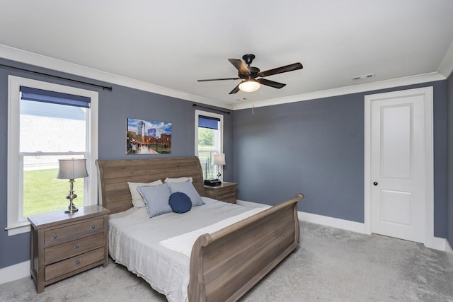 6575 Windmill Dr, College Grove, TN 37046 - bedroom featuring baseboards, light carpet, ornamental molding, and a ceiling fan
