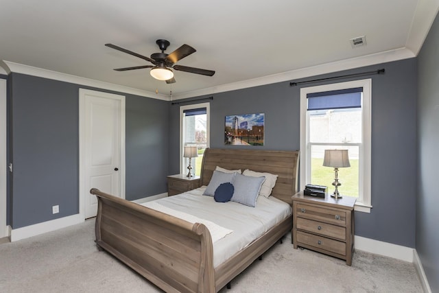 6575 Windmill Dr, College Grove, TN 37046 - bedroom with baseboards, light colored carpet, crown molding, a ceiling fan, and a closet