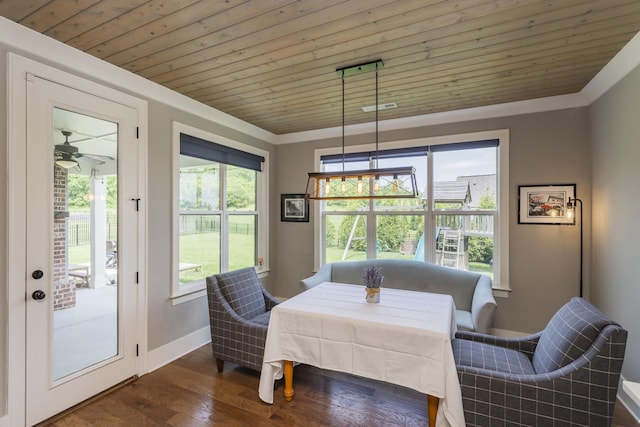 6575 Windmill Dr, College Grove, TN 37046 - dining room featuring wood ceiling, dark wood finished floors, baseboards, and ceiling fan