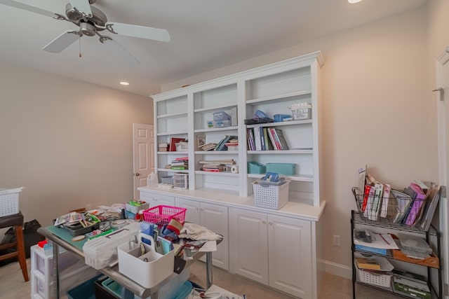 107 Hunters Ct, Tullahoma, TN 37388 - game room featuring light carpet, recessed lighting, and a ceiling fan