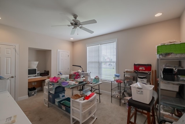 107 Hunters Ct, Tullahoma, TN 37388 - office area featuring ceiling fan, light carpet, and recessed lighting