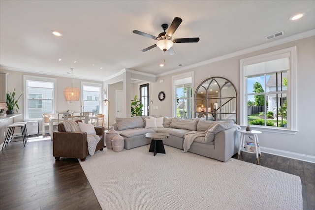 3204 Vinemont Dr, Thompsons Station, TN 37179 - living area featuring healthy amount of natural light, a ceiling fan, dark wood-style floors, ornamental molding, and recessed lighting