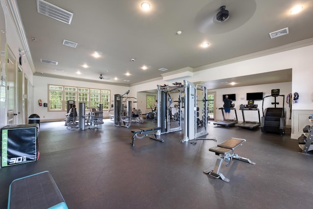 3204 Vinemont Dr, Thompsons Station, TN 37179 - exercise room with ornamental molding and recessed lighting