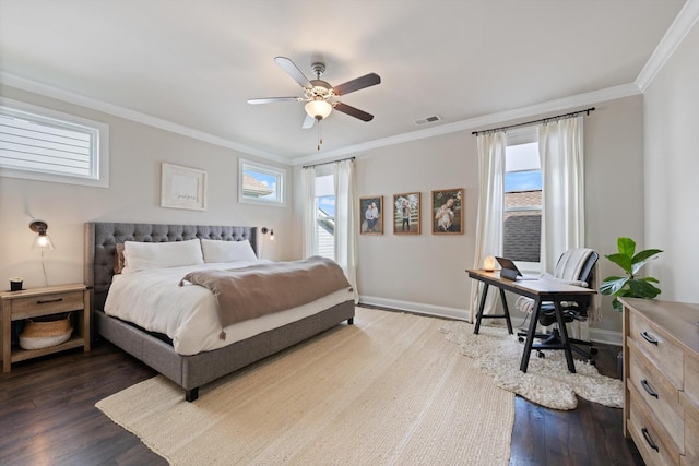 3204 Vinemont Dr, Thompsons Station, TN 37179 - bedroom with dark wood-style floors, multiple windows, ornamental molding, baseboards, and a ceiling fan