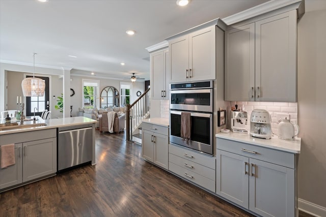 3204 Vinemont Dr, Thompsons Station, TN 37179 - kitchen with gray cabinetry, stainless steel appliances, recessed lighting, ceiling fan, and a sink
