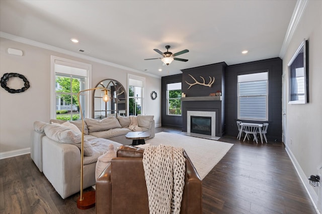 3204 Vinemont Dr, Thompsons Station, TN 37179 - living area with baseboards, a fireplace, ornamental molding, ceiling fan, and plenty of natural light