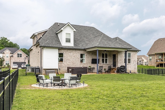 403 Hunter Bryce Ln, Lebanon, TN 37087 - back of house with a hot tub, a patio area, brick siding, a ceiling fan, and a shingled roof