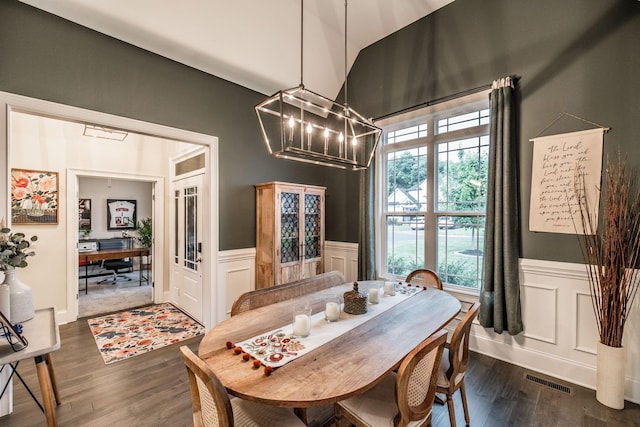 403 Hunter Bryce Ln, Lebanon, TN 37087 - dining room with a chandelier, dark wood finished floors, a wainscoted wall, an office area, and a decorative wall