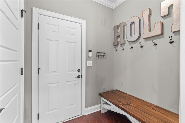 6022 Somerhaven Trl, Hixson, TN 37343 - mudroom with baseboards, crown molding, and dark wood-type flooring