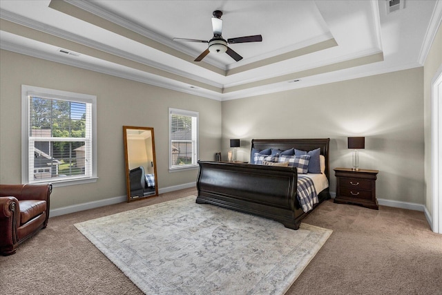 6022 Somerhaven Trl, Hixson, TN 37343 - carpeted bedroom featuring crown molding, a tray ceiling, baseboards, and a ceiling fan