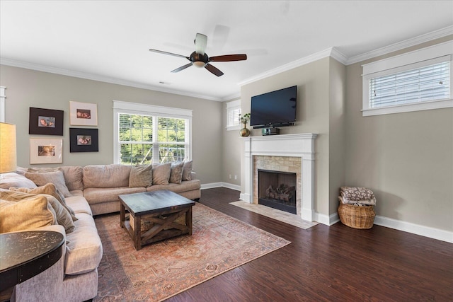 6022 Somerhaven Trl, Hixson, TN 37343 - living area featuring ceiling fan, wood finished floors, ornamental molding, a fireplace, and baseboards