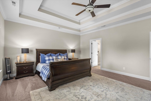6022 Somerhaven Trl, Hixson, TN 37343 - carpeted bedroom featuring crown molding, baseboards, a tray ceiling, and a ceiling fan