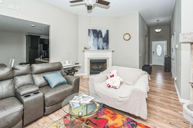 3689 Nadia Dr, Clarksville, TN 37040 - living room with light wood-style floors, a ceiling fan, and a fireplace