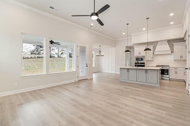 7321 Katherine Ct, Fairview, TN 37062 - kitchen featuring appliances with stainless steel finishes, custom range hood, a ceiling fan, crown molding, and light countertops