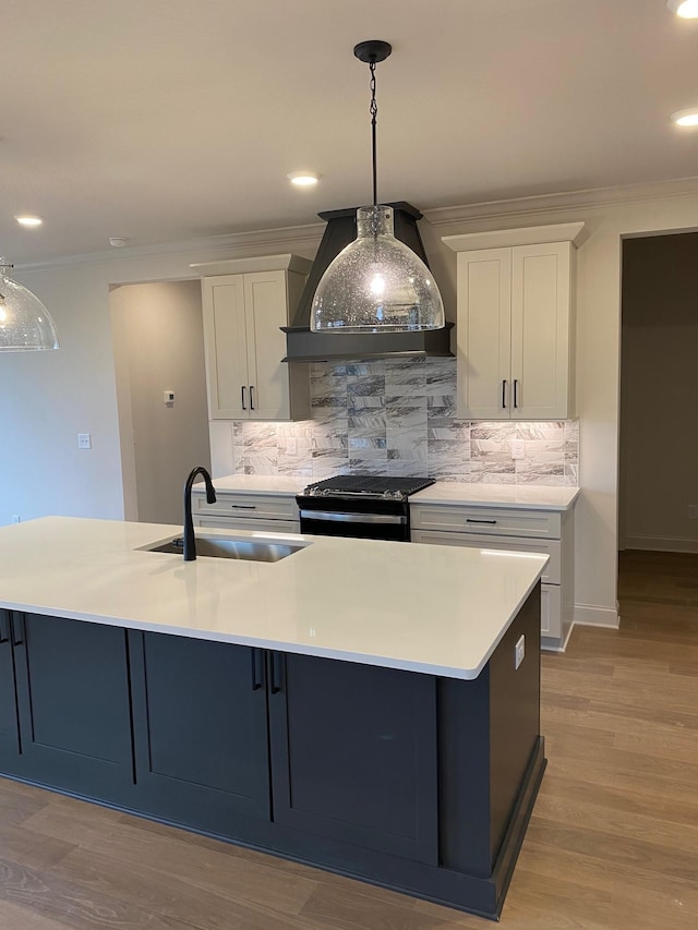 7317 Katherine Ct, Fairview, TN 37062 - kitchen with stainless steel gas range, a sink, decorative backsplash, light countertops, and ornamental molding