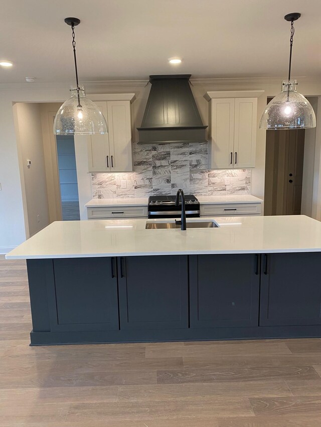 7317 Katherine Ct, Fairview, TN 37062 - kitchen featuring custom exhaust hood, a sink, backsplash, light countertops, and recessed lighting