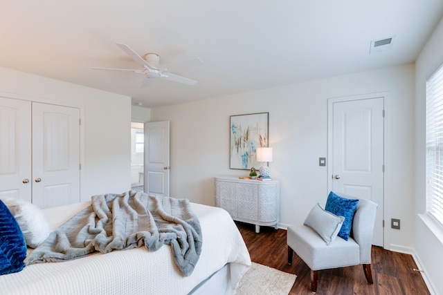 6233 Del Sol Dr, Whites Creek, TN 37189 - bedroom with a closet, dark wood-style floors, a ceiling fan, and baseboards