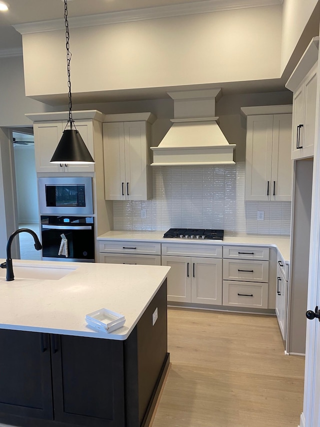 7406 Black Fox Dr, Fairview, TN 37062 - kitchen featuring stainless steel appliances, custom range hood, a sink, ornamental molding, and light wood finished floors
