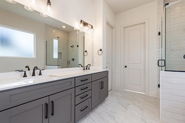 7406 Black Fox Dr, Fairview, TN 37062 - full bathroom featuring double vanity, a stall shower, and marble look tiles
