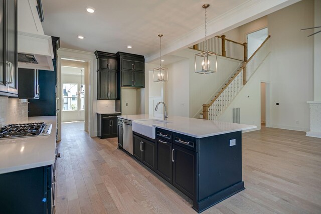 7413 Black Fox Dr, Fairview, TN 37062 - kitchen featuring appliances with stainless steel finishes, a sink, custom range hood, decorative backsplash, and light wood-style flooring