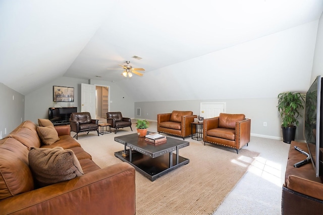 1905 Bugle Ct, Spring Hill, TN 37174 - living room featuring light carpet, lofted ceiling, and a ceiling fan