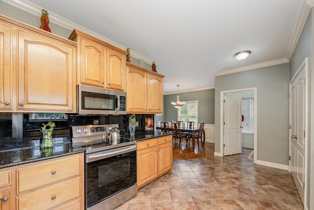1245 Ben Hill Blvd, Nolensville, TN 37135 - kitchen with appliances with stainless steel finishes, ornamental molding, a chandelier, tasteful backsplash, and dark stone countertops