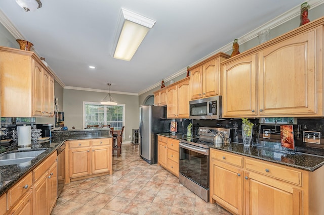 1245 Ben Hill Blvd, Nolensville, TN 37135 - kitchen with appliances with stainless steel finishes, ornamental molding, tasteful backsplash, a peninsula, and dark stone countertops