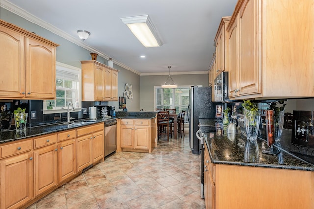 1245 Ben Hill Blvd, Nolensville, TN 37135 - kitchen with a sink, appliances with stainless steel finishes, a peninsula, dark stone counters, and ornamental molding