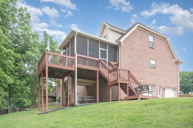1245 Ben Hill Blvd, Nolensville, TN 37135 - back of house with a sunroom, brick siding, an attached garage, and a yard