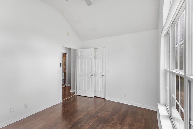 929 Chaparral Dr, Lebanon, TN 37087 - unfurnished bedroom with lofted ceiling, dark wood finished floors, baseboards, and a ceiling fan
