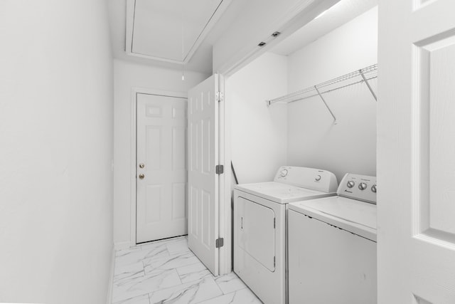 929 Chaparral Dr, Lebanon, TN 37087 - laundry area featuring attic access, washer and dryer, and light marble finish floors