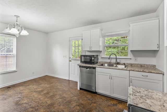 929 Chaparral Dr, Lebanon, TN 37087 - kitchen featuring stainless steel dishwasher, a sink, black microwave, a chandelier, and white cabinets