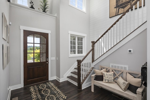 7890 Lampley Rd, Primm Springs, TN 38476 - foyer with a high ceiling, stairs, baseboards, and dark wood-style flooring