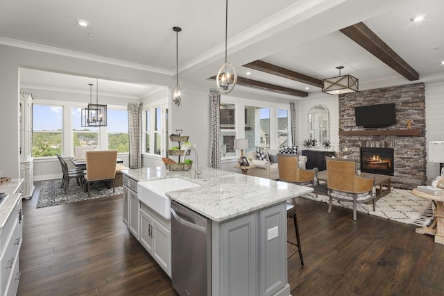 7890 Lampley Rd, Primm Springs, TN 38476 - kitchen with a sink, stainless steel dishwasher, open floor plan, dark wood-style flooring, and a fireplace