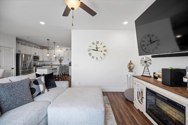 2183 Nectar Ln, Columbia, TN 38401 - living room featuring a ceiling fan, dark wood-style floors, baseboards, and recessed lighting