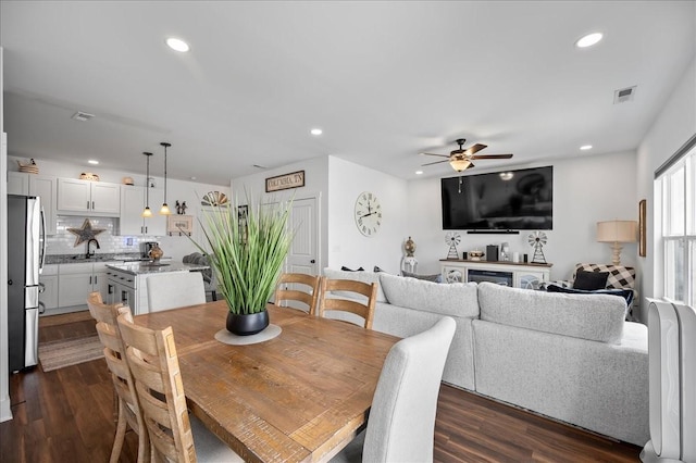 2183 Nectar Ln, Columbia, TN 38401 - dining room featuring dark wood-style flooring, a ceiling fan, and recessed lighting