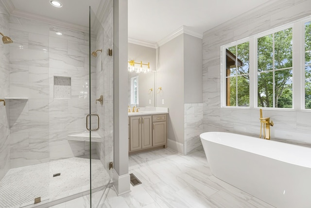 333 Burris Rd, Mount Juliet, TN 37122 - full bath featuring crown molding, a marble finish shower, marble finish flooring, vanity, and a freestanding tub
