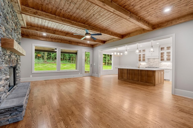 333 Burris Rd, Mount Juliet, TN 37122 - unfurnished living room featuring wood ceiling with exposed beams, a fireplace, light wood finished floors, a sink, and ceiling fan