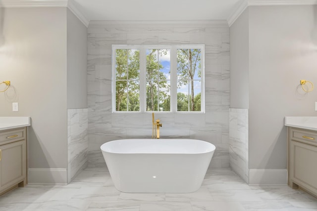 333 Burris Rd, Mount Juliet, TN 37122 - bathroom with vanity, a freestanding bath, ornamental molding, marble finish floors, and baseboards