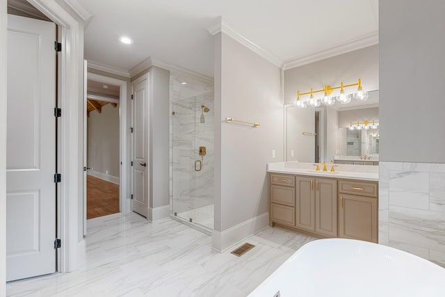 333 Burris Rd, Mount Juliet, TN 37122 - full bathroom with marble look tiles, a marble finish shower, a soaking tub, vanity, and ornamental molding