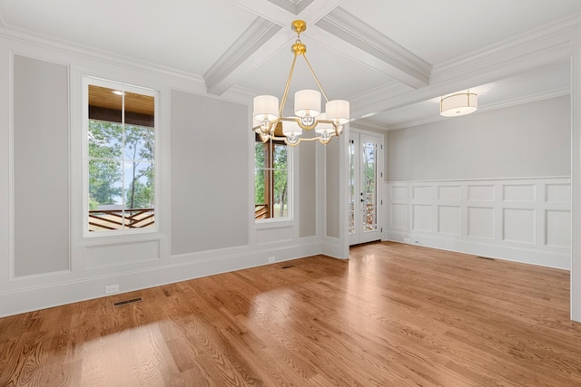 333 Burris Rd, Mount Juliet, TN 37122 - empty room with a chandelier, beamed ceiling, light wood-style flooring, a decorative wall, and crown molding