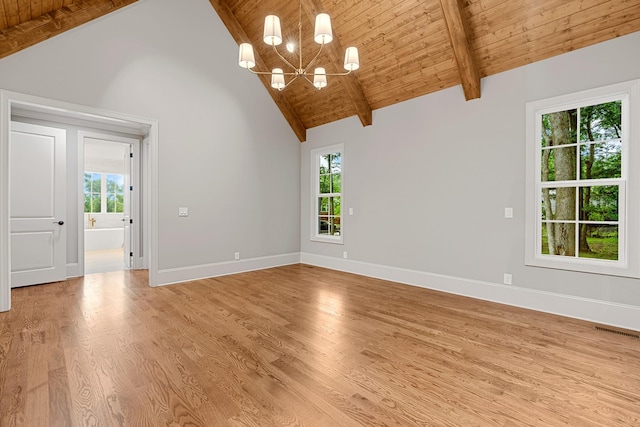 333 Burris Rd, Mount Juliet, TN 37122 - unfurnished living room featuring a chandelier, wood ceiling with exposed beams, light wood-type flooring, baseboards, and high vaulted ceiling