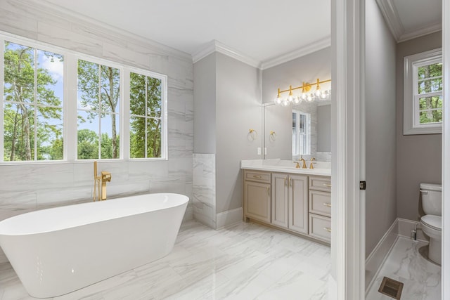 333 Burris Rd, Mount Juliet, TN 37122 - full bathroom with vanity, a freestanding tub, healthy amount of natural light, toilet, and crown molding
