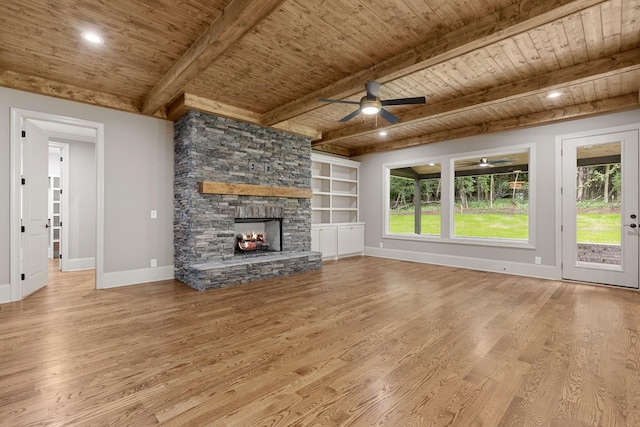 333 Burris Rd, Mount Juliet, TN 37122 - unfurnished living room featuring wood ceiling with exposed beams, ceiling fan, baseboards, wood finished floors, and plenty of natural light