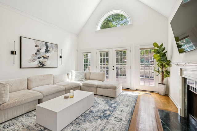 109 Grove Ln, Franklin, TN 37064 - living room featuring wood finished floors, a high end fireplace, healthy amount of natural light, french doors, and high vaulted ceiling