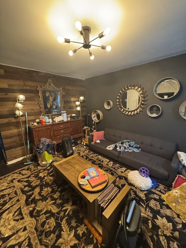 2408 Woodale Ln, Nashville, TN 37207 - living room with a chandelier and wooden walls