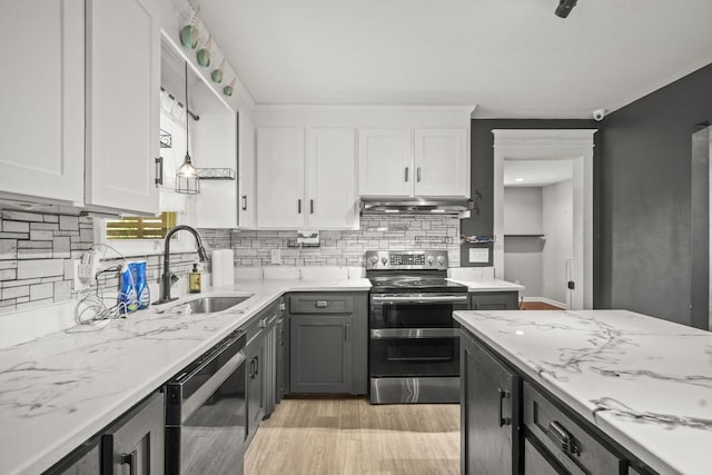 225 Nelson Dr, La Vergne, TN 37086 - kitchen featuring stainless steel range with electric stovetop, a sink, under cabinet range hood, dishwasher, and white cabinets