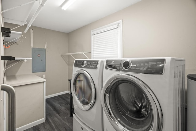 225 Nelson Dr, La Vergne, TN 37086 - laundry area featuring electric panel, washing machine and dryer, dark wood-type flooring, and baseboards