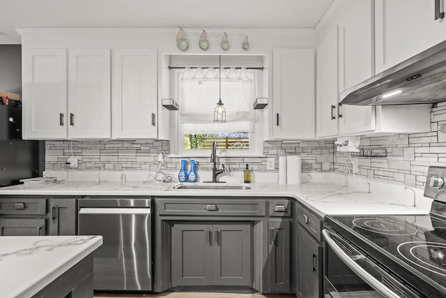 225 Nelson Dr, La Vergne, TN 37086 - kitchen featuring electric range oven, stainless steel dishwasher, range hood, a sink, and gray cabinets